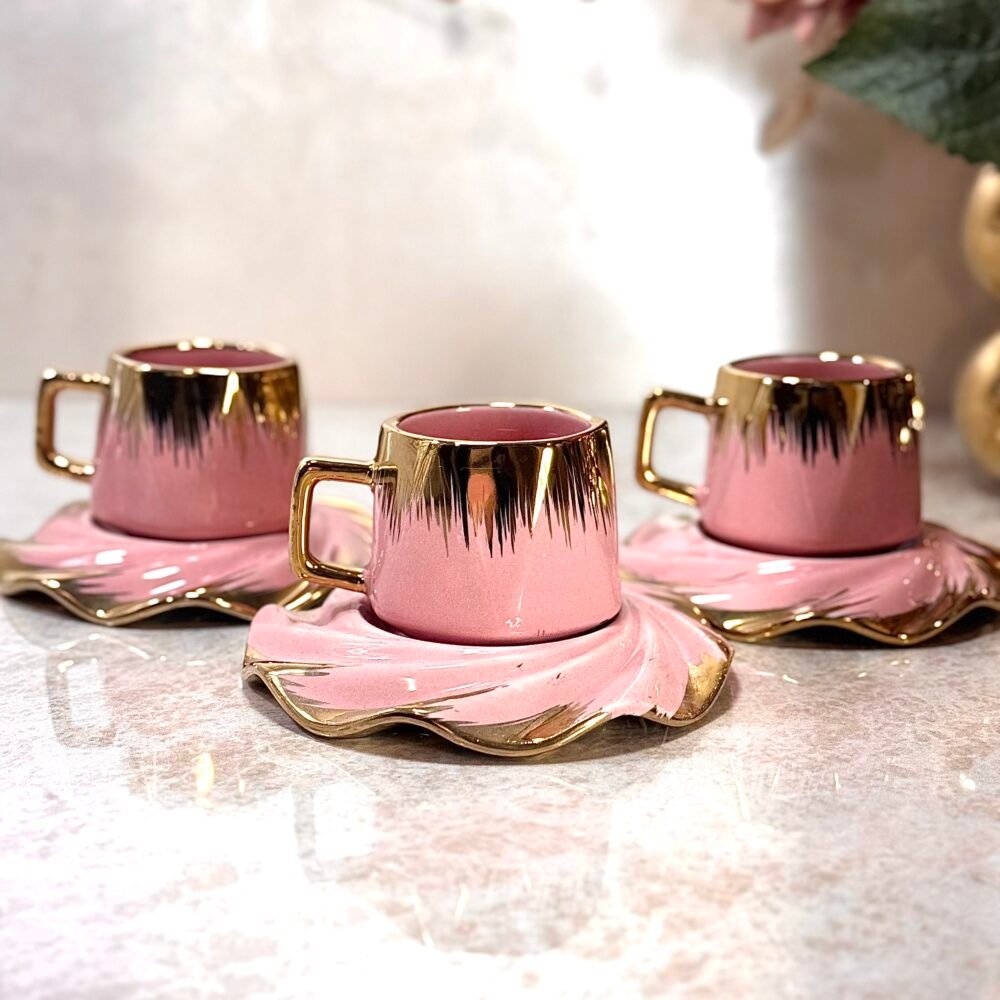 Ensemble de 6 Tasses à Café Roses et Dorées