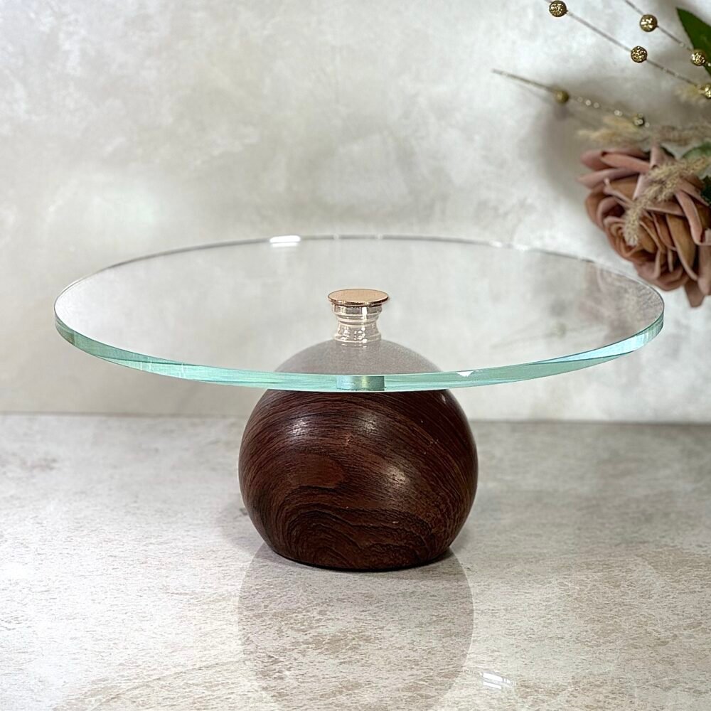 Présentoir à Gâteaux en Verre avec Base Sphérique Effet Bois – Style Naturel et Élégance Contemporaine