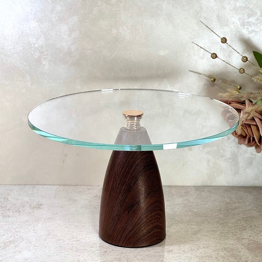 Présentoir à Gâteaux en Verre avec Base Conique Effet Bois – Élégance Naturelle et Moderne