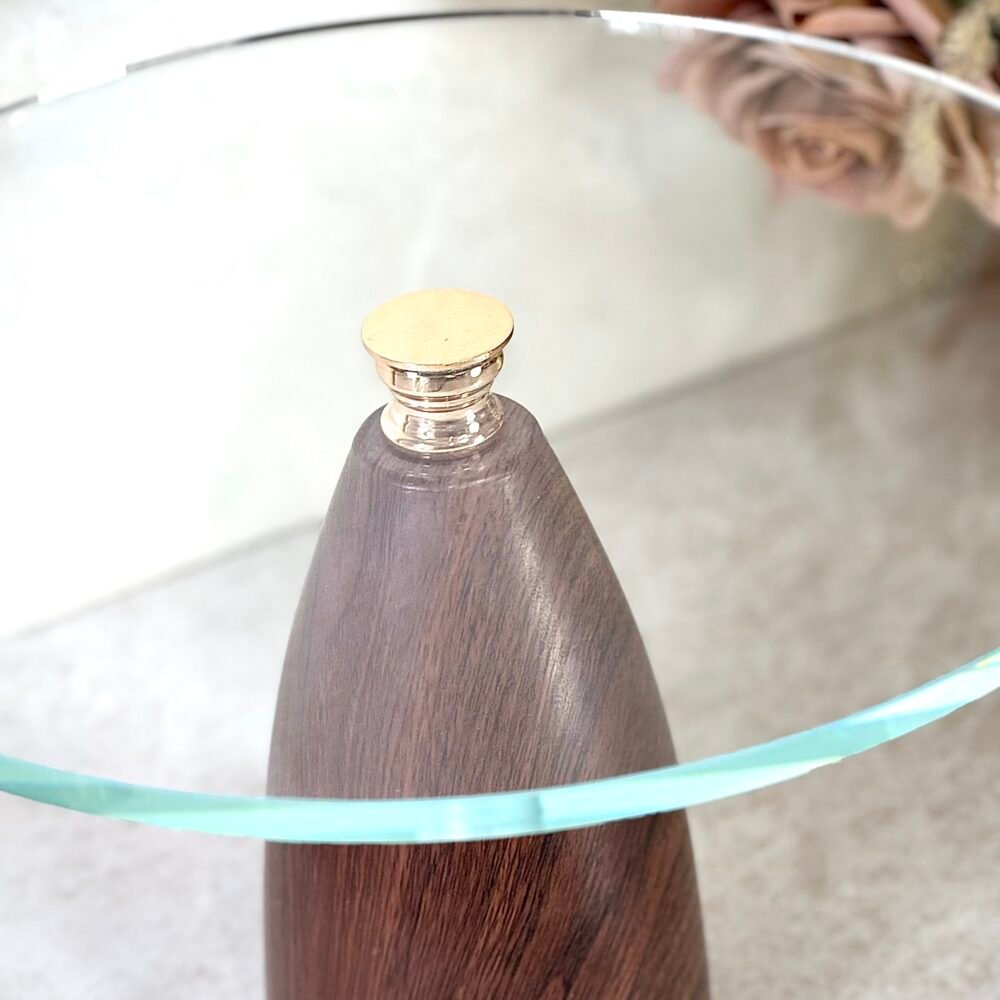 Présentoir à Gâteaux en Verre avec Base Conique Effet Bois – Élégance Naturelle et Moderne