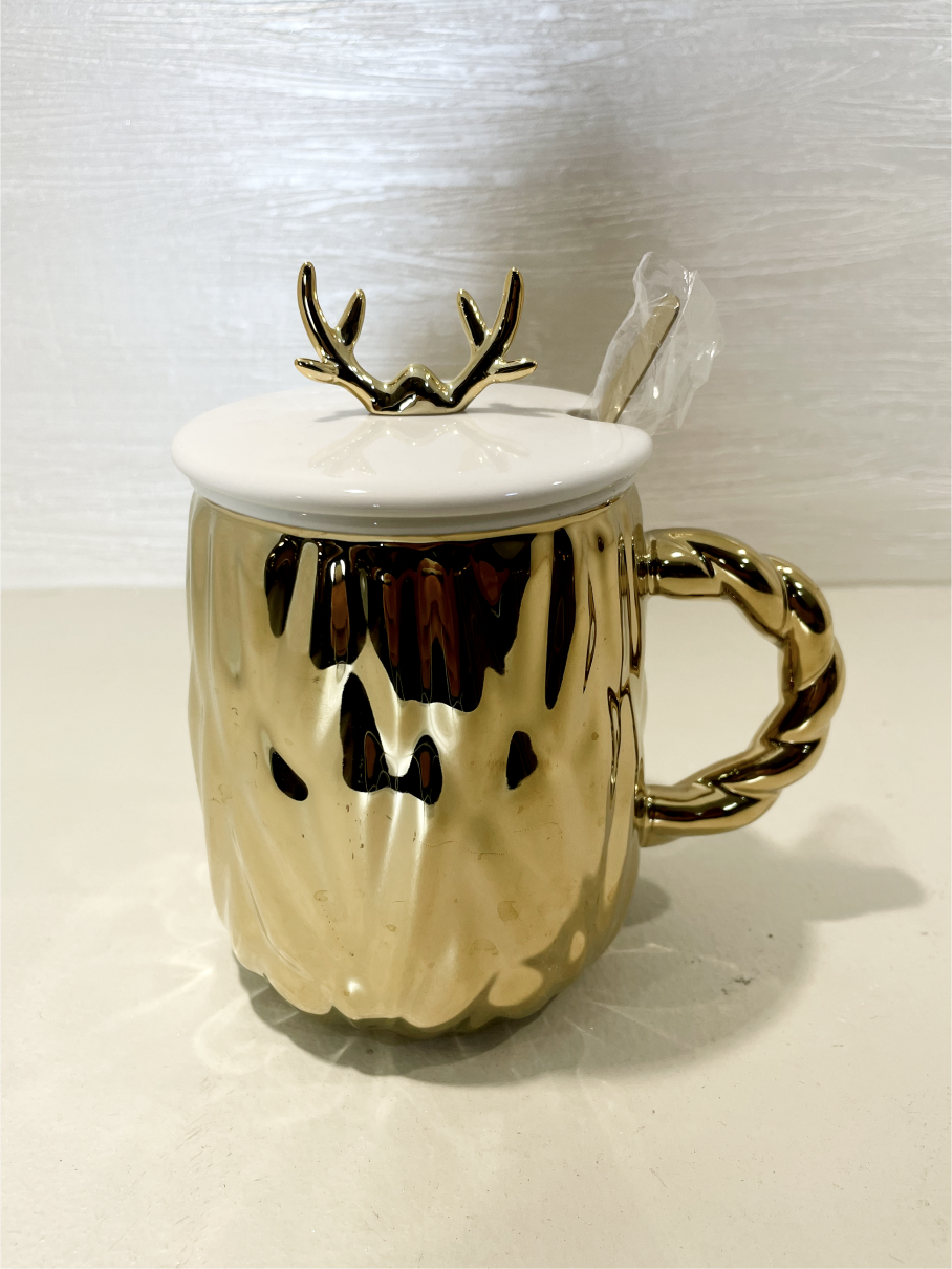 Mug Élégant avec Poignée et Cornes avec Cuillère Dorée