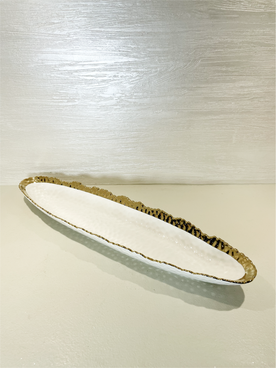 Grand Plat Ovale Blanc avec Bords Dorés pour Présentation