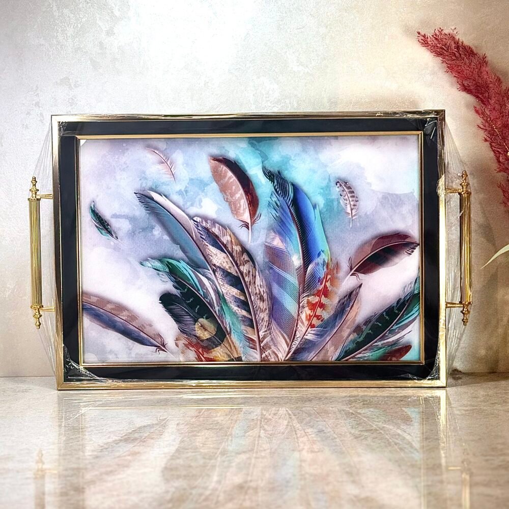 Plateau Élégant avec Motifs de Plumes Artistiques