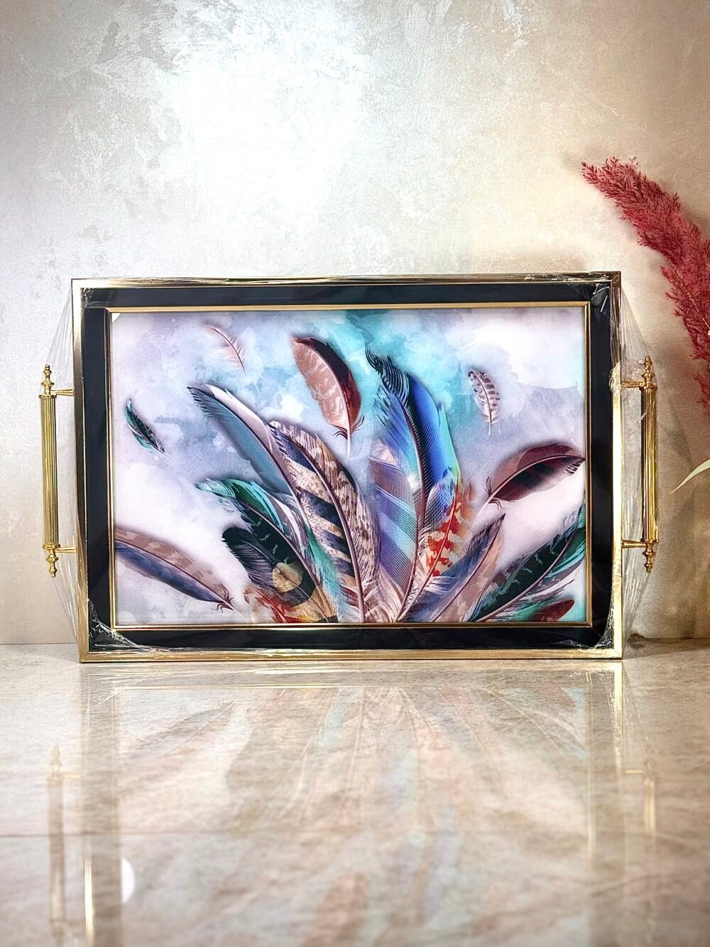 Plateau Élégant avec Motifs de Plumes Artistiques