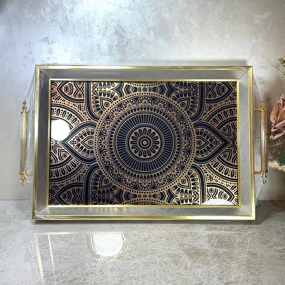 Plateau Élégant Noir et Doré avec Décor Mandala – Style Chic et Intemporel