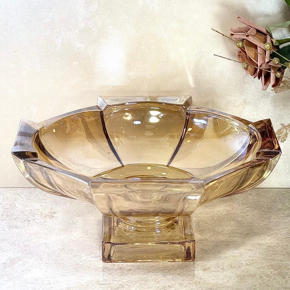 Grand Bol de Présentation en Verre Ambré Clair avec Support – Sobriété Chaleureuse et Design Élégant
