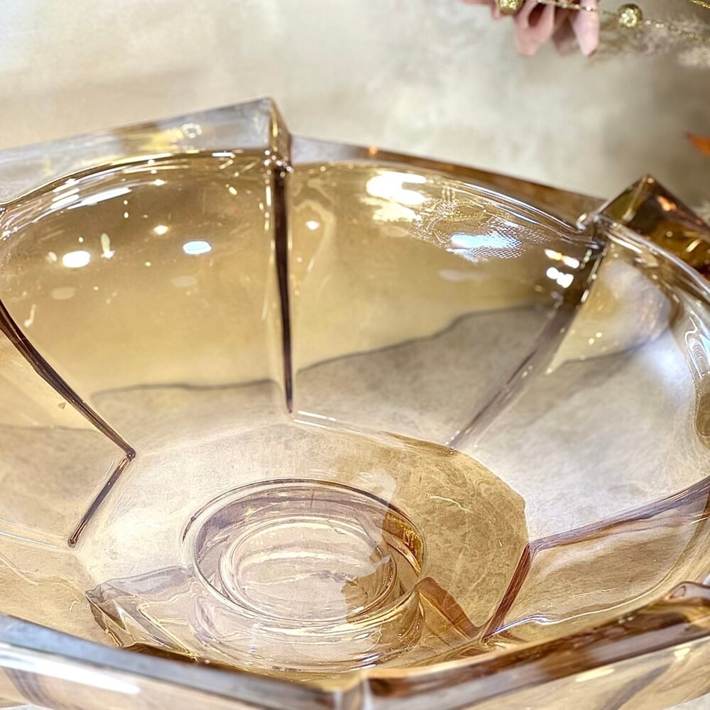 Grand Bol de Présentation en Verre Ambré Clair avec Support – Sobriété Chaleureuse et Design Élégant