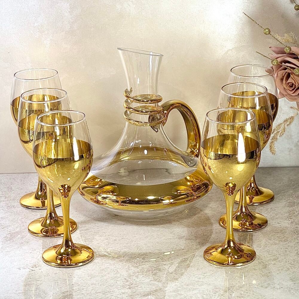 Carafe en Verre Transparent avec Décorations Spirales Dorées et 6 Verres – Élégance et Raffinement pour Votre Service de Table