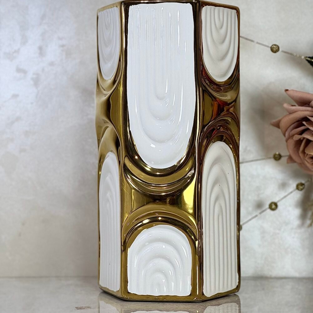 Ensemble de 2 Vases Blancs et Dorés Hexagonaux – Design Géométrique et Élégance Moderne