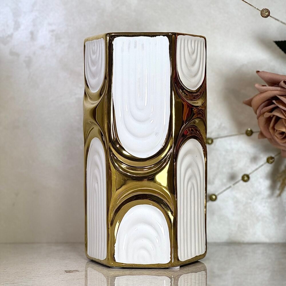 Ensemble de 2 Vases Blancs et Dorés Hexagonaux – Design Géométrique et Élégance Moderne