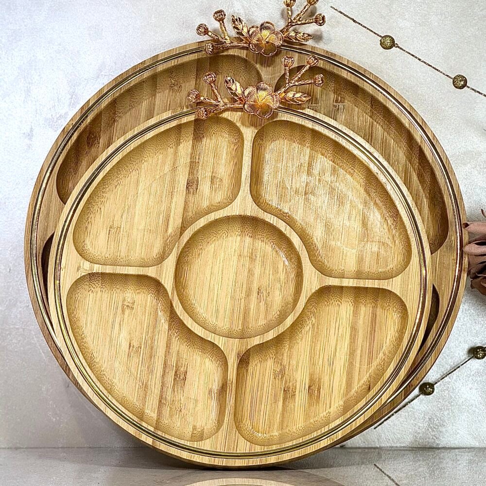 Ensemble de 3 Plateaux Bento Ronds en Bambou avec Décoration Dorée – Élégance Naturelle et Moderne