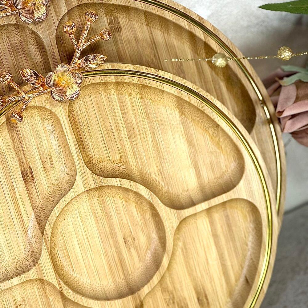 Ensemble de 3 Plateaux Bento Ronds en Bambou avec Décoration Dorée – Élégance Naturelle et Moderne