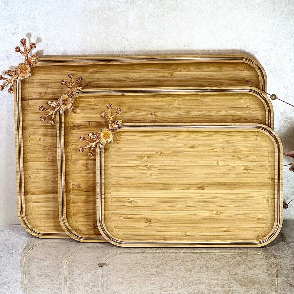 Ensemble de 3 Plateaux Rectangulaires en Bambou avec Décoration Dorée – Élégance Naturelle et Moderne