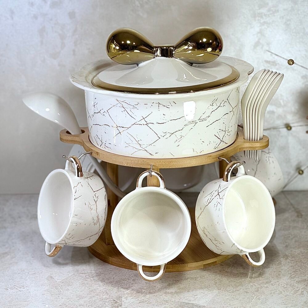 Ensemble Soupière avec Support Chauffant et 6 Bols avec Cuillères – Blanc et Doré Élégant