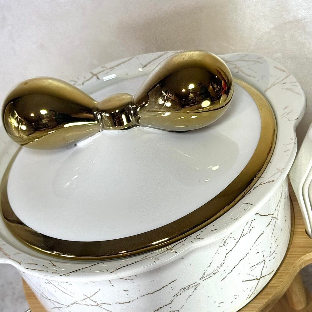 Ensemble Soupière avec Support Chauffant et 6 Bols avec Cuillères – Blanc et Doré Élégant