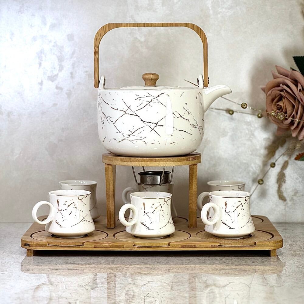 Service à Café/Thé en Céramique – 6 Tasses avec Support en Bambou et Réchaud Bougie
