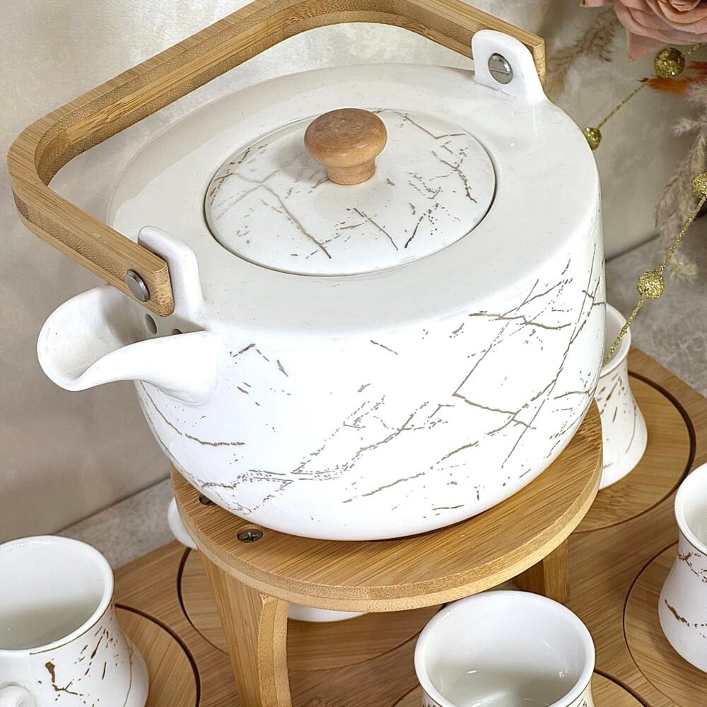 Service à Café/Thé en Céramique – 6 Tasses avec Support en Bambou et Réchaud Bougie