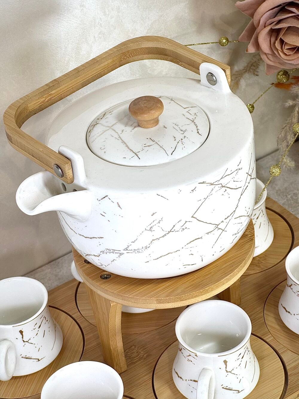Service à Café/Thé en Céramique – 6 Tasses avec Support en Bambou et Réchaud Bougie