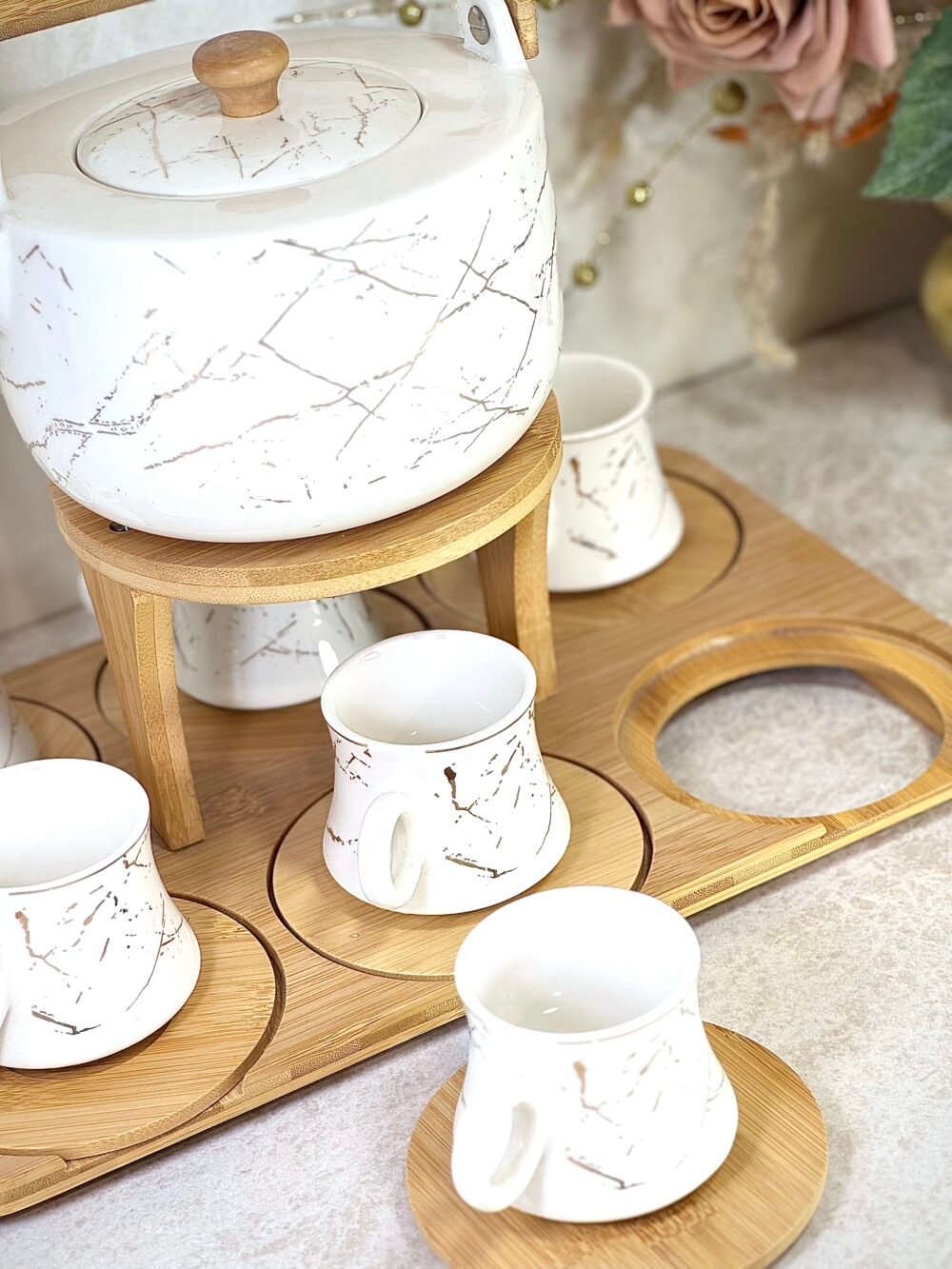 Service à Café/Thé en Céramique – 6 Tasses avec Support en Bambou et Réchaud Bougie