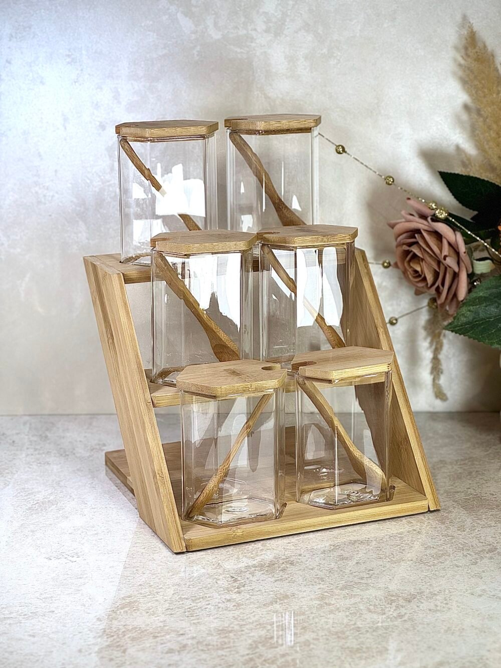 Étagère à Épices en Bambou à 3 Niveaux avec 6 Contenants et Cuillères en Bambou