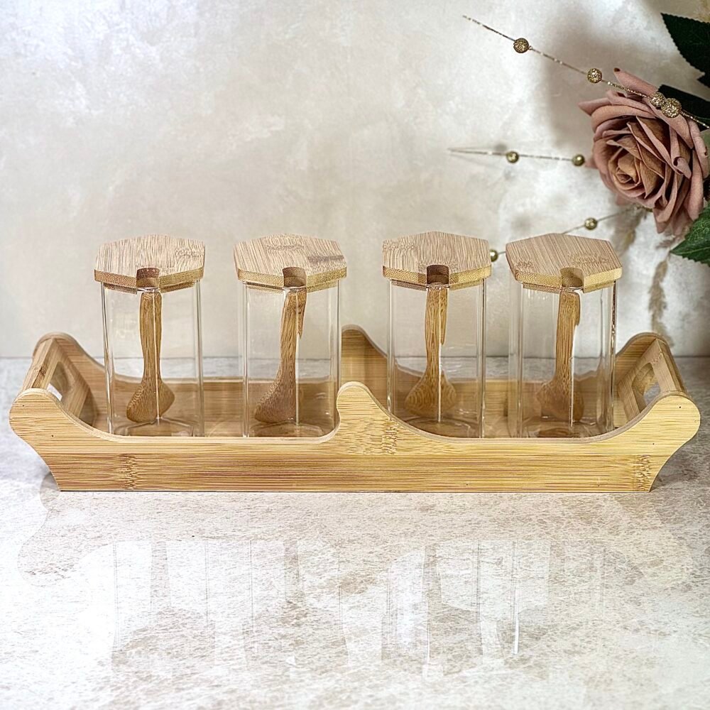 Étagère à Épices en Bambou avec 4 Contenants et Cuillères en Bambou
