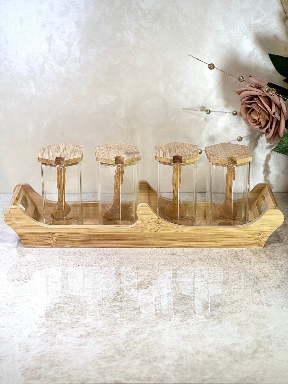 Étagère à Épices en Bambou avec 4 Contenants et Cuillères en Bambou