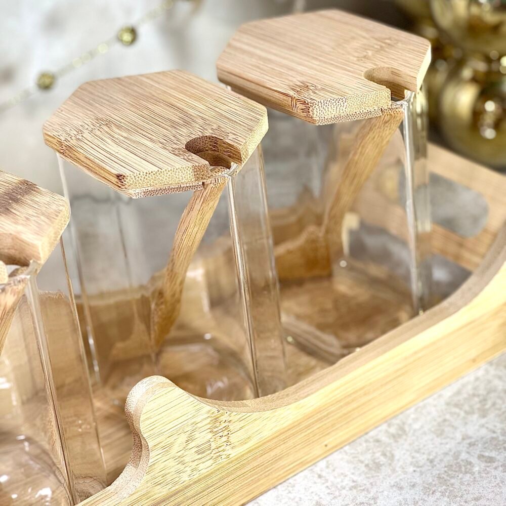 Étagère à Épices en Bambou avec 4 Contenants et Cuillères en Bambou