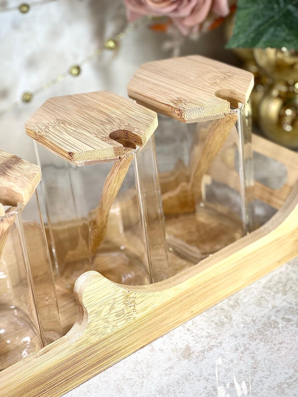 Étagère à Épices en Bambou avec 4 Contenants et Cuillères en Bambou