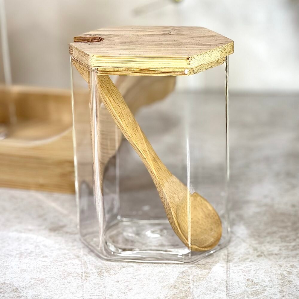 Étagère à Épices en Bambou avec 4 Contenants et Cuillères en Bambou