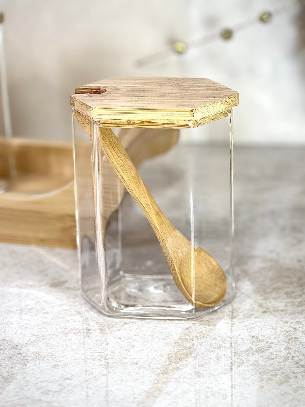 Étagère à Épices en Bambou avec 4 Contenants et Cuillères en Bambou