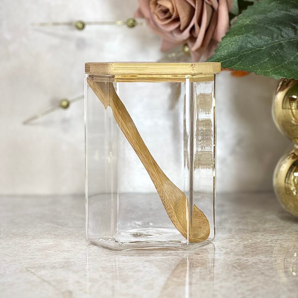 Étagère à Épices en Bambou avec 4 Contenants et Cuillères en Bambou