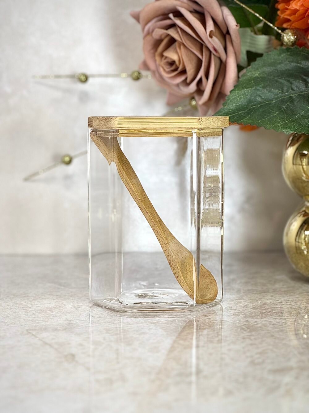 Étagère à Épices en Bambou avec 4 Contenants et Cuillères en Bambou