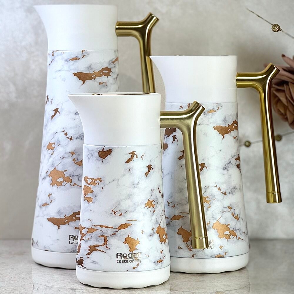 Ensemble de 3 Thermos Blancs avec Décorations Dorées Marbrées
