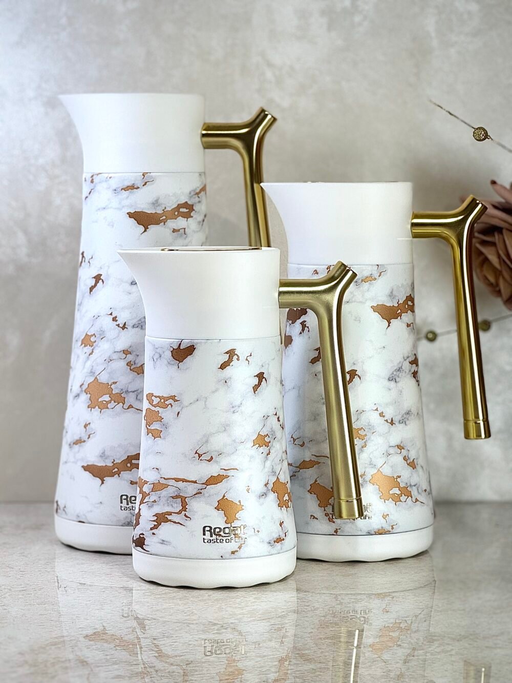 Ensemble de 3 Thermos Blancs avec Décorations Dorées Marbrées