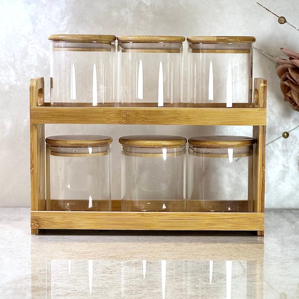 Étagère à Épices en Bambou à 2 Niveaux avec 6 Contenants en Verre