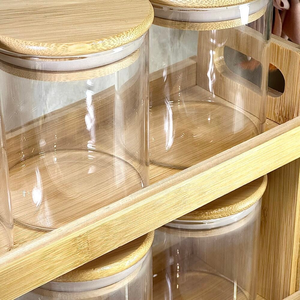 Étagère à Épices en Bambou à 2 Niveaux avec 6 Contenants en Verre