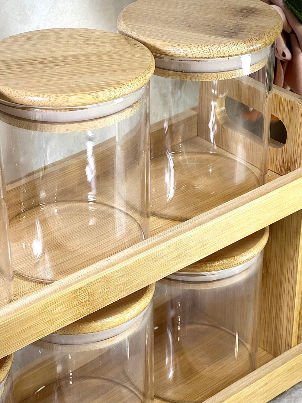 Étagère à Épices en Bambou à 2 Niveaux avec 6 Contenants en Verre