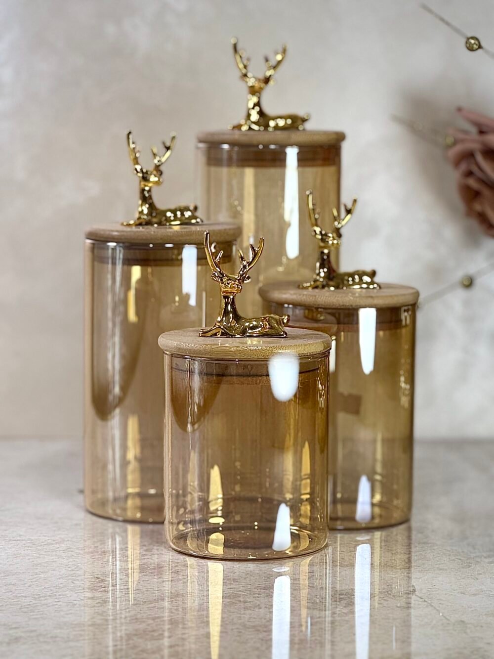 Ensemble de 4 Contenants en Verre Ambre Clair avec Couvercle en Bambou
