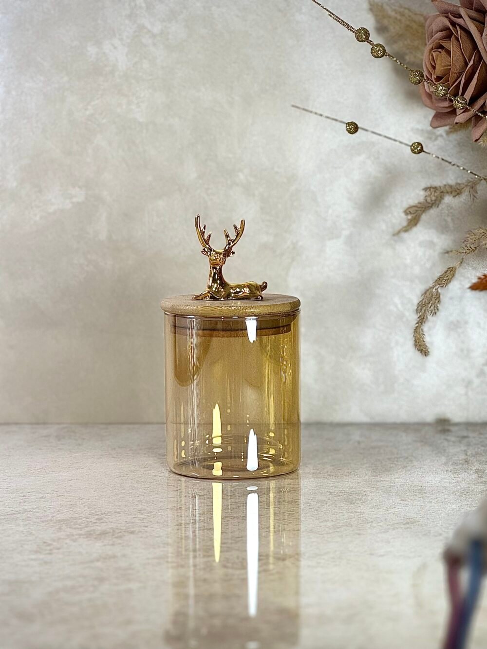 Ensemble de 4 Contenants en Verre Ambre Clair avec Couvercle en Bambou