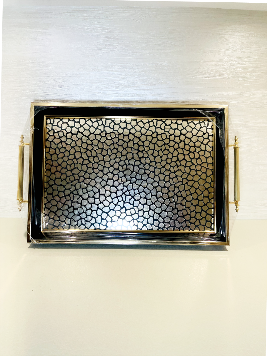 Plateau Élégant Noir et Doré avec Décoration Léopard