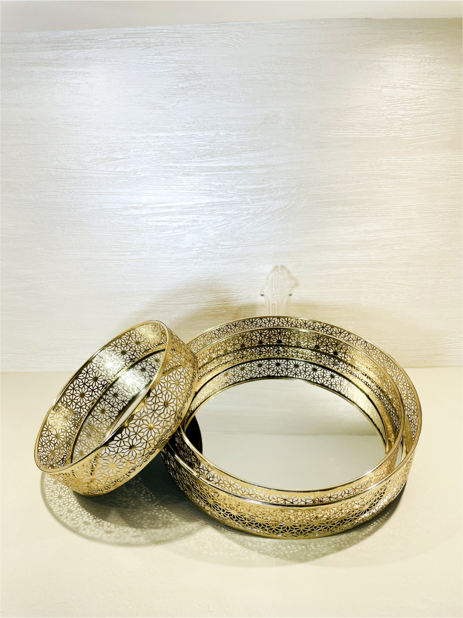 Ensemble de 3 Plateaux Ronds Miroirs Élégants avec Bordures Argentées