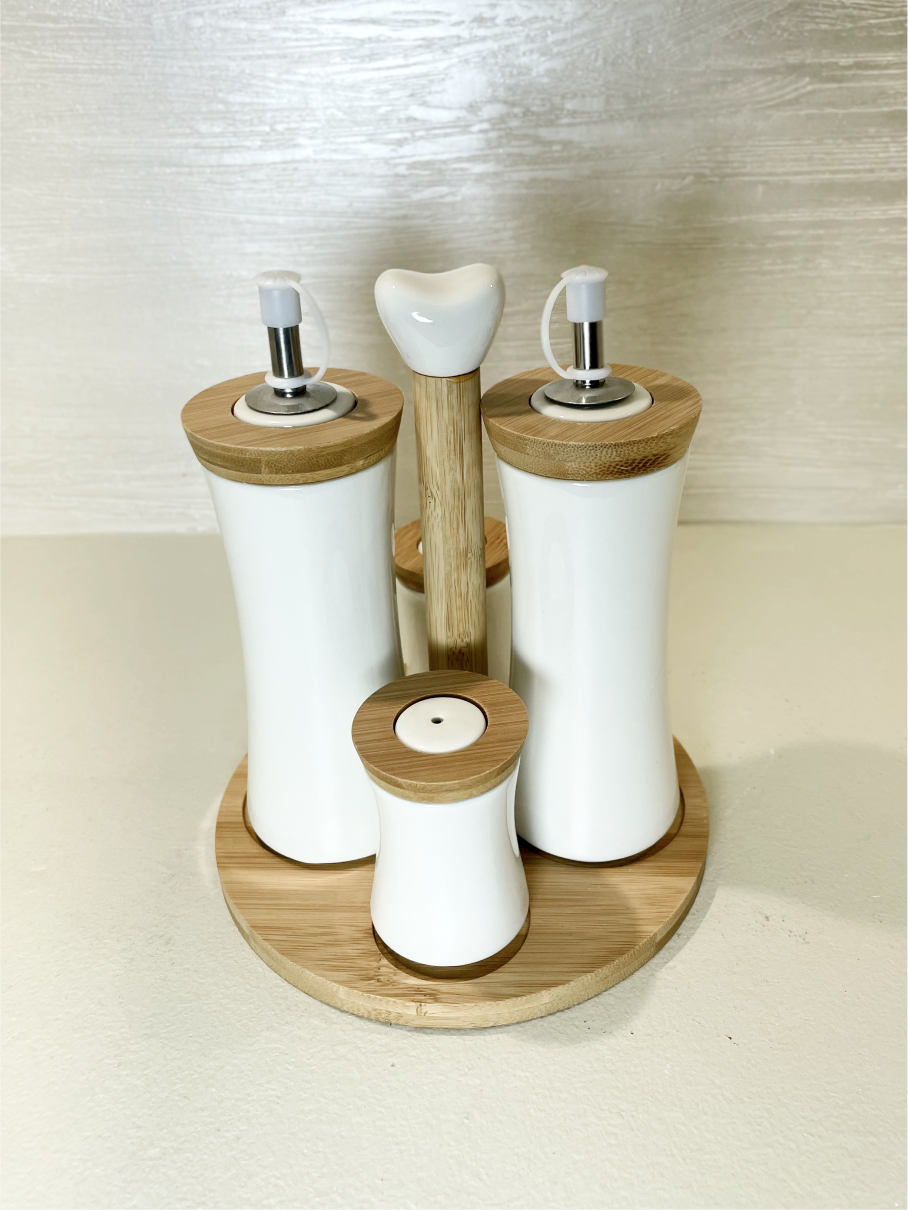 Ensemble de Condiments en Bambou et Céramique