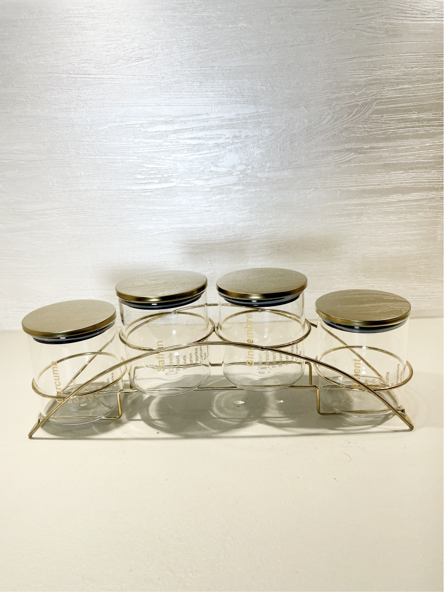 Étagère à Épices en Métal Doré avec 4 Contenants en Verre