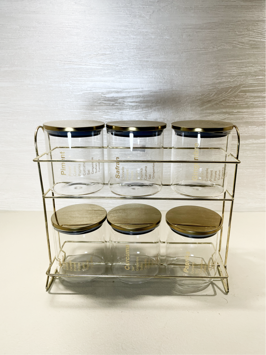 Étagère à Épices en Métal Doré avec 6 Contenants en Verre
