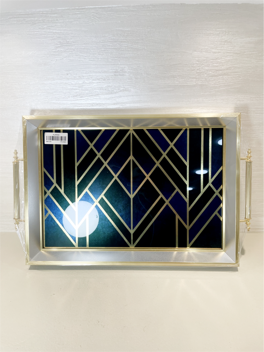 Plateau Élégant Bleu, Vert et Doré avec Décoration Géométrique