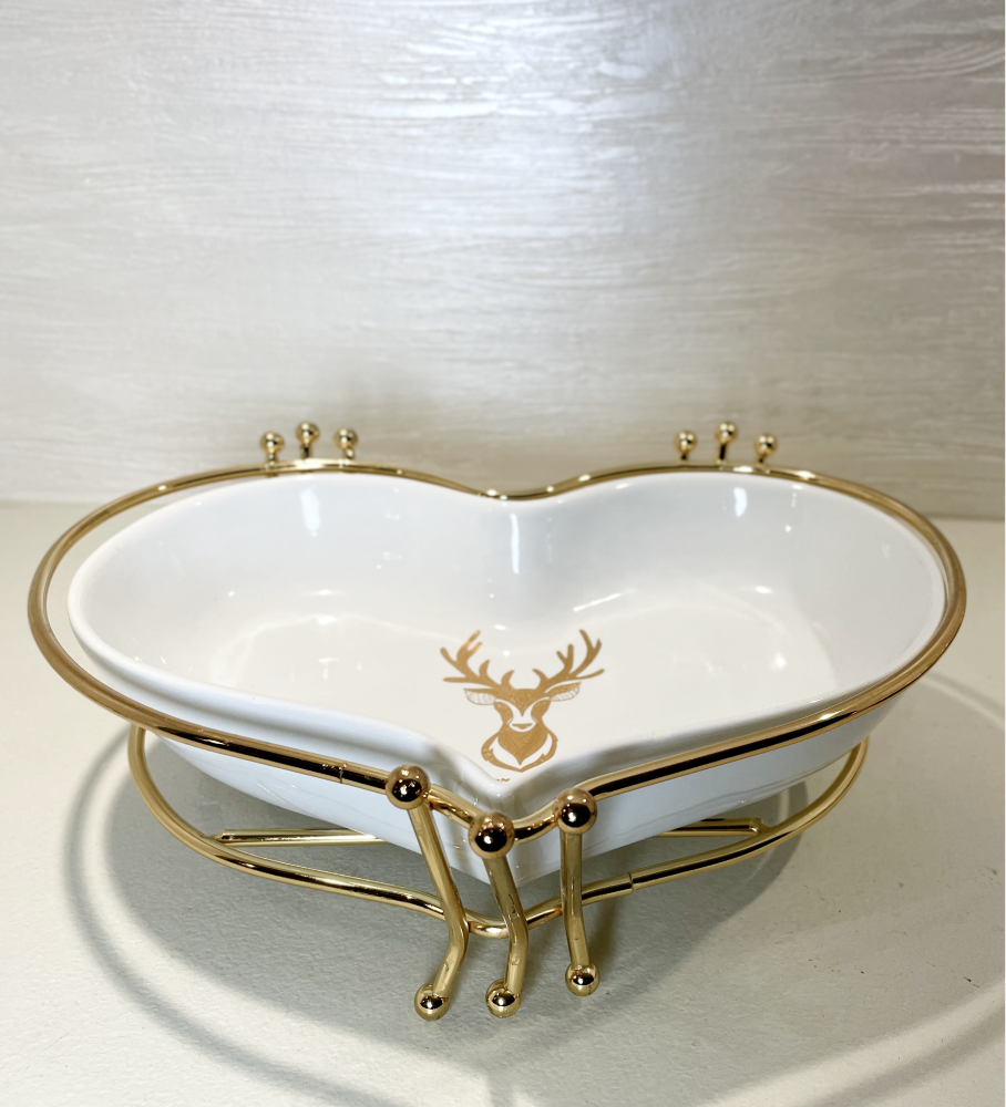 Plat de Présentation en Forme de Cœur Blanc avec Accents Dorés
