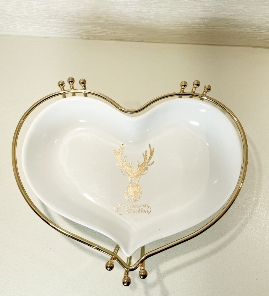 Plat de Présentation en Forme de Cœur Blanc avec Accents Dorés