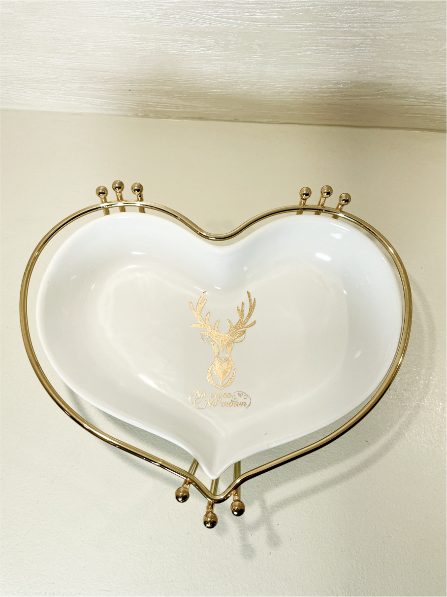 Plat de Présentation en Forme de Cœur Blanc avec Accents Dorés