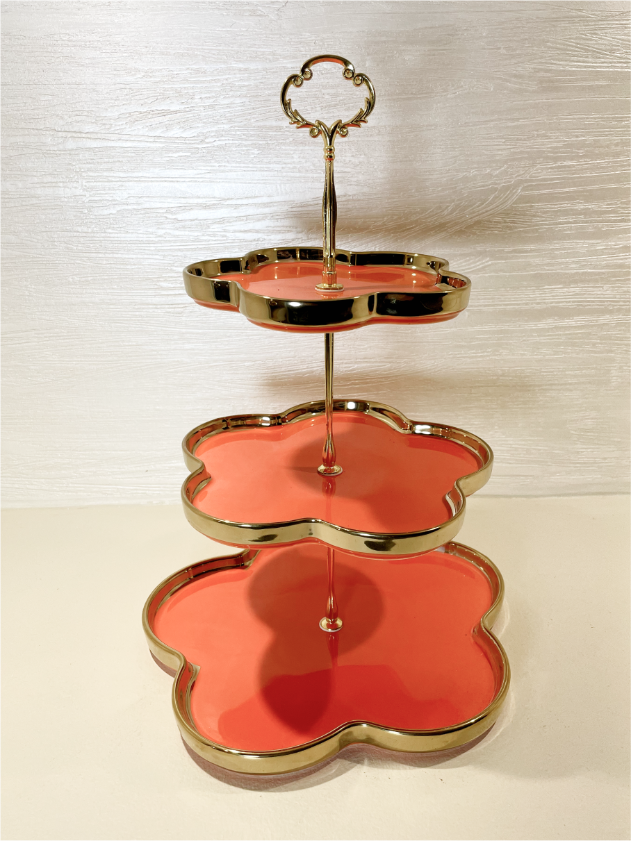 Présentoir à 3 Étages Fleur Orange avec Accents Dorés