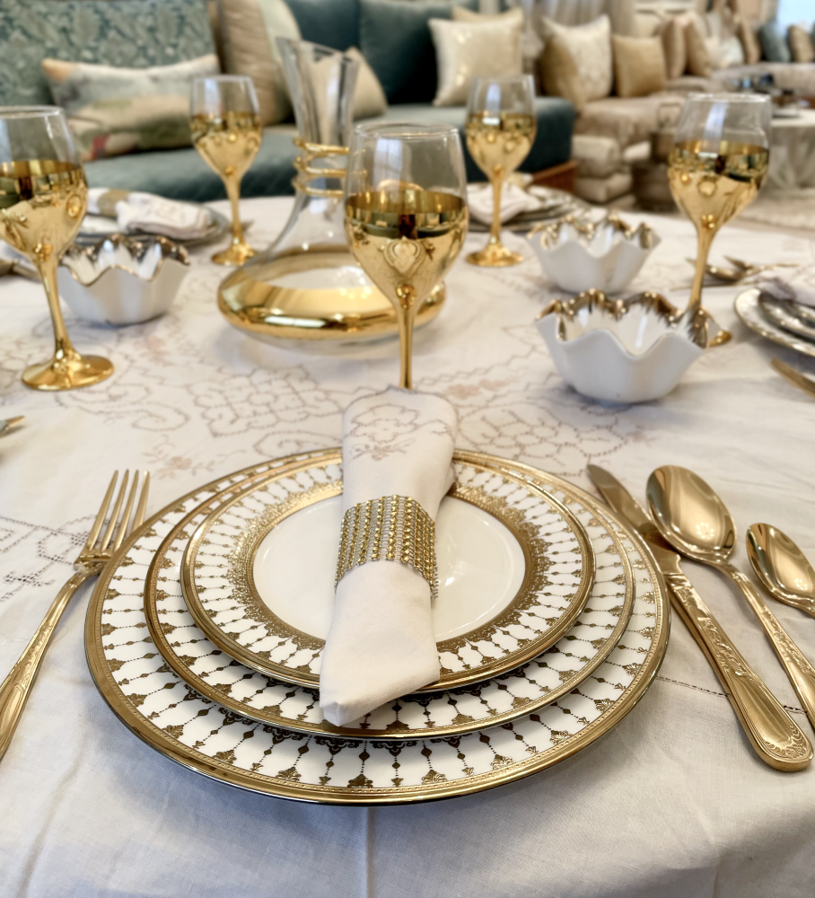 Ensemble de 36 Assiettes à Dîner Blanc et Or - Variation I